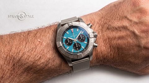 Breitling chronograph with light blue dial on a Straps&Style mesh bracelet