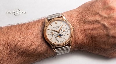 Patek Philippe perpetual calendar in rose gold with an opaline cream dial, day, month and moonphase sub-dials on a Straps&Style mesh bracelet
