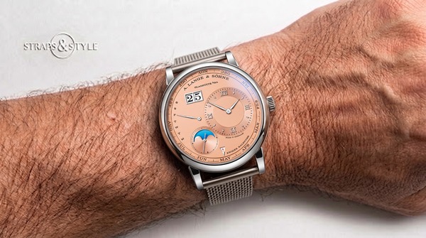A. Lange & Söhne salmon-dial calendar watch on a mesh bracelet