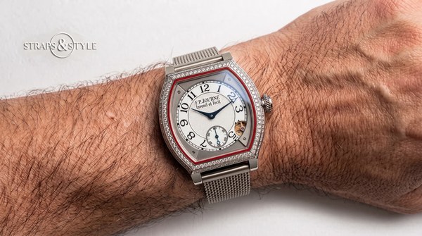 F.P. Journe Élégante in a diamond-set tonneau case with white dial and motion-detector window on a Straps&Style mesh bracelet