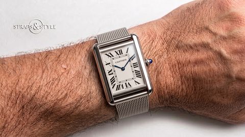Cartier Tank with silver dial and blue hands on a Straps&Style mesh bracelet
