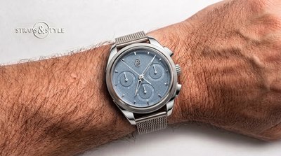 Parmigiani Fleurier chronograph with a steel blue grain d'orge guilloche dial, three matching sub-dials and a fluted bezel on a Straps&Style mesh bracelet