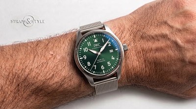 IWC Mark XX Automatic with a sunburst emerald green dial, white numerals and date at three on a Straps&Style mesh bracelet