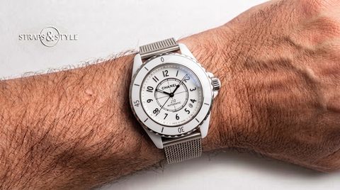 Chanel J12 white ceramic automatic on a Straps&Style mesh bracelet
