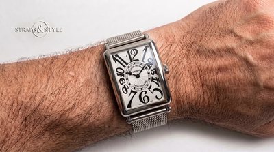Franck Muller Long Island rectangular watch with silver guilloché dial and oversized Art Deco numerals on a Straps&Style mesh bracelet