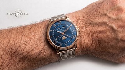 Blancpain Villeret blue-dial moonphase on a Straps&Style mesh bracelet