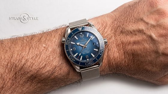 Omega Seamaster Planet Ocean blue on a Straps&Style mesh bracelet