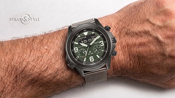 Citizen Promaster Land ana-digi with olive-green dial on a Straps&Style mesh bracelet