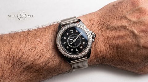 Chanel J12 black ceramic diamond-set on a Straps&Style mesh bracelet