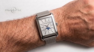 Frederique Constant rectangular dress watch with silver clous de Paris dial and moonphase on a Straps&Style mesh bracelet