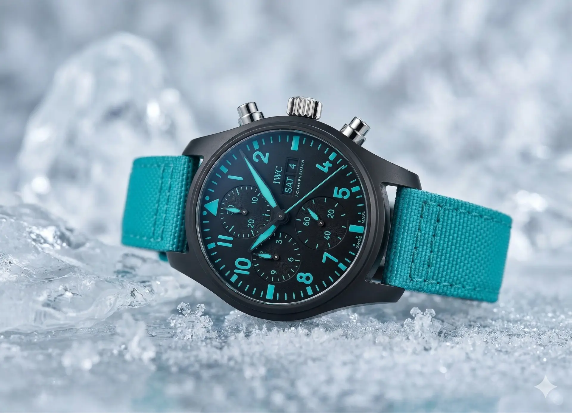 Watch on a turquoise sailcloth nylon strap resting among frost and ice