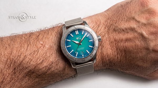 Christopher Ward C60 diver with blue-green gradient dial on a Straps&Style mesh bracelet