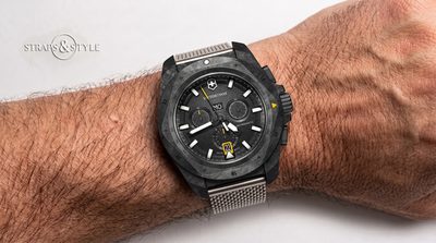 Victorinox Antimagnetic chronograph with a matte black dial, yellow accents and a forged carbon-composite case on a Straps&Style mesh bracelet