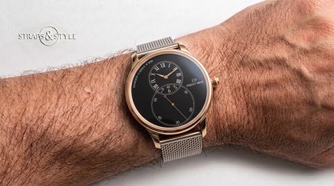 Jaquet Droz Grande Seconde with a black onyx dial, rose gold case and off-centre subdials on a Straps&Style mesh bracelet