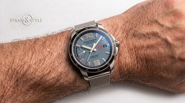 Chopard Mille Miglia grey-blue dial with fuel-gauge subdial on a Straps&Style mesh bracelet