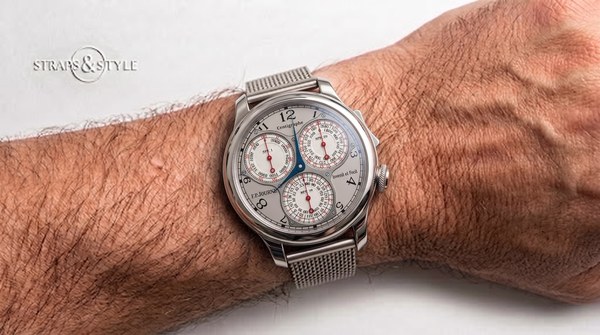 F.P. Journe Centigraphe Souverain with silver dial and red chronograph counters on a Straps&Style mesh bracelet