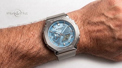 Casio G-Shock with light blue dial on a Straps&Style mesh bracelet