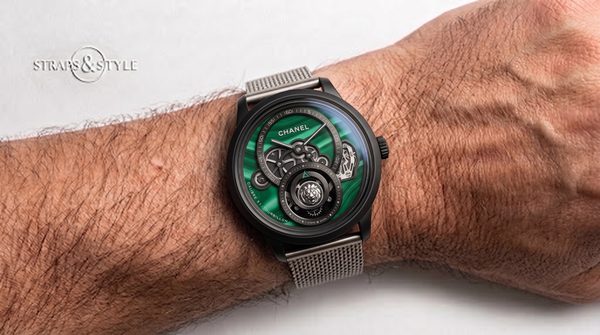 Chanel J12 Calibre 51 tourbillon with green malachite dial on a Straps&Style mesh bracelet