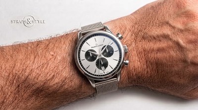 Maurice Lacroix chronograph with a silver sunburst dial, three black sub-dials, a tachymeter chapter ring and a date at six on a Straps&Style mesh bracelet