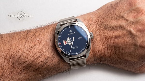Bremont blue-dial watch with date window on a Straps&Style mesh bracelet