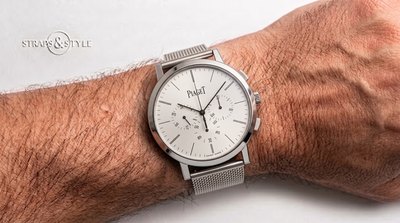 Piaget Altiplano chronograph with an opaline white dial, twin sub-dials and a slim steel case on a Straps&Style mesh bracelet