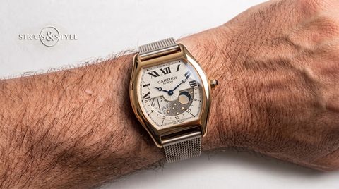 Cartier Tortue Paris rose-gold moonphase on a Straps&Style mesh bracelet