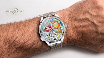 Louis Vuitton artistic tourbillon with a vividly coloured pop-art dial, rainbow case accents and an exposed flying tourbillon on a steel mesh bracelet