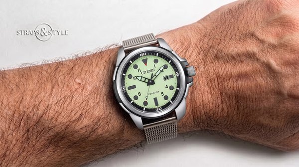 Citizen Eco-Drive with pale mint dial on a Straps&Style mesh bracelet