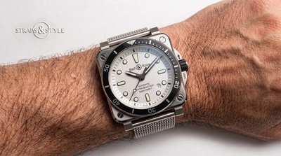 Bell & Ross BR 03 white-dial diver on a Straps&Style mesh bracelet