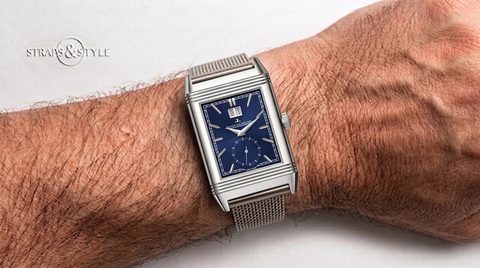 Jaeger-LeCoultre Reverso with a rectangular steel case, sunburst blue dial, small seconds and a digital date window on a Straps&Style mesh bracelet