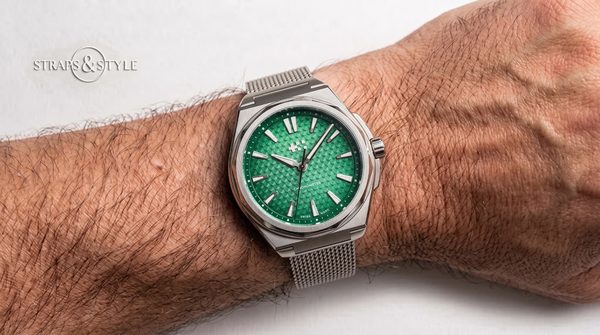 Christopher Ward C12 Chronometer with green dial on a Straps&Style mesh bracelet