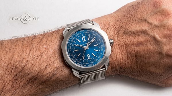 Bvlgari Octo Finissimo blue world-timer on a Straps&Style mesh bracelet