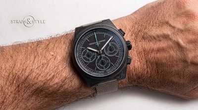 Frederique Constant Bamford-style forged-carbon chronograph with matte black dial and cyan accents on a Straps&Style mesh bracelet