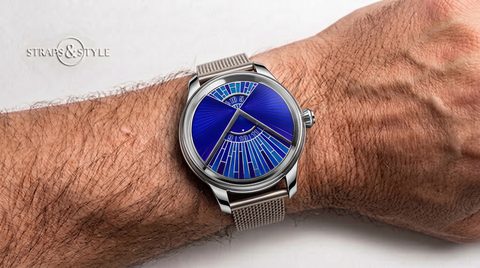 Jaquet Droz Grande Seconde with a striking blue enamel dial in fan segments and twin subdials on a Straps&Style mesh bracelet