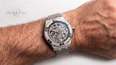 Maurice Lacroix Aikon skeleton automatic with an exposed movement, polished steel cushion case and a steel mesh bracelet on the wrist