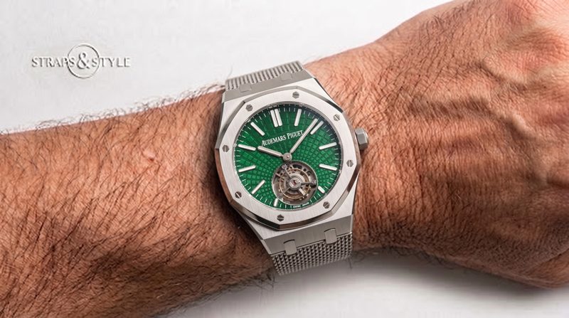 Audemars Piguet Royal Oak green-dial tourbillon on a Straps&Style mesh bracelet