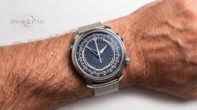 Ming chronograph with a deep royal blue sunburst dial, a radiating fluted pattern and multi-track silver timing scales on a Straps&Style mesh bracelet