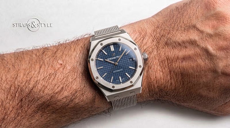 Audemars Piguet Royal Oak blue dial on a Straps&Style mesh bracelet