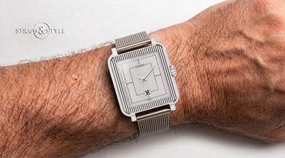 YEMA rectangular tank-style dress watch with a textured silver dial, embossed court lines and a Roman numeral six on a Straps&Style mesh bracelet
