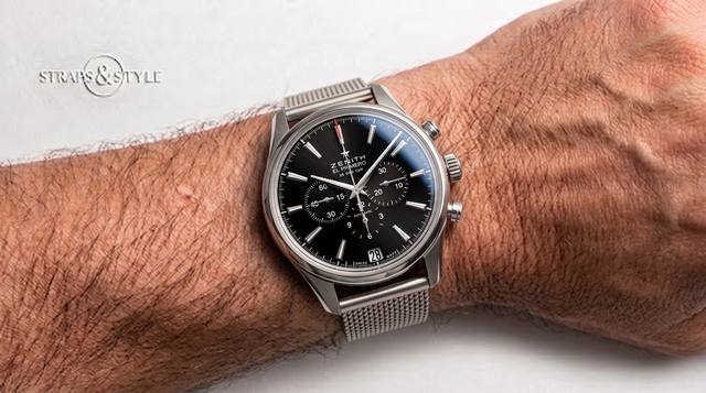 Zenith El Primero black-dial chronograph on a Straps&Style mesh bracelet