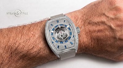 Franck Muller diamond-set tonneau tourbillon with pavé dial and blue sapphire chapter ring on a Straps&Style mesh bracelet