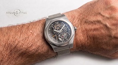 Girard-Perregaux Laureato Skeleton with openworked dial and anthracite chapter ring on a Straps&Style mesh bracelet