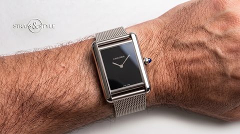 Cartier Tank with black lacquer dial on a Straps&Style mesh bracelet