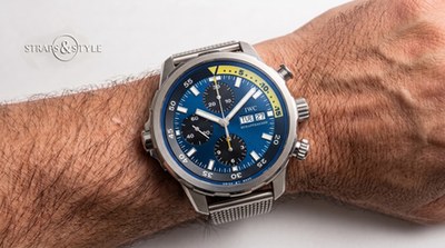 IWC Schaffhausen diver chronograph with a royal blue dial, yellow internal dive ring and day-date at three on a Straps&Style mesh bracelet