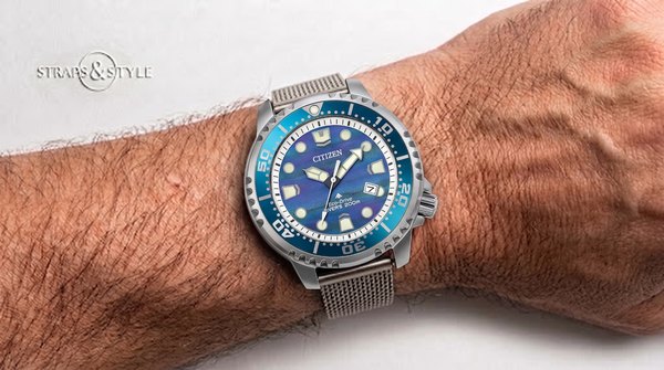 Citizen Promaster Diver with ocean-blue dial on a Straps&Style mesh bracelet