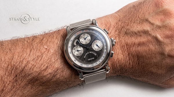 Franck Muller chronograph with black spiral guilloché dial, calendar subdials and blued hands on a Straps&Style mesh bracelet