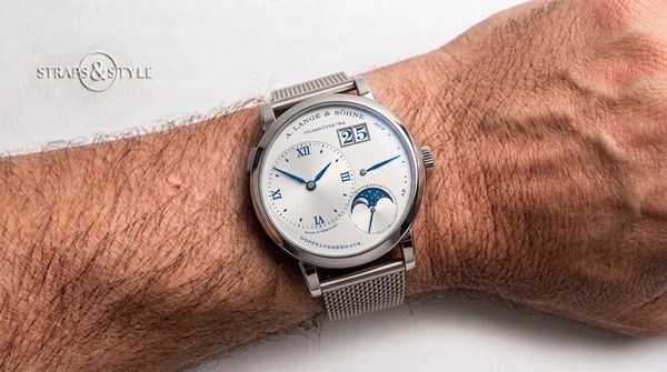A. Lange & Söhne white-dial moonphase watch on a mesh bracelet