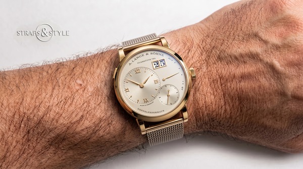 A. Lange & Söhne gold-tone watch with ivory dial on a mesh bracelet