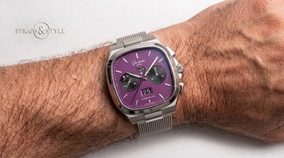 Glashütte Original chronograph in a cushion-shaped TV case with plum-violet dial and dark subdials on a Straps&Style mesh bracelet
