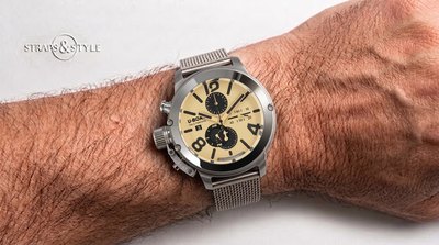 U-Boat Tungsteo chronograph with a cream dial, black subdials, date at nine and a 24-hour AM/PM track on a Straps&Style mesh bracelet